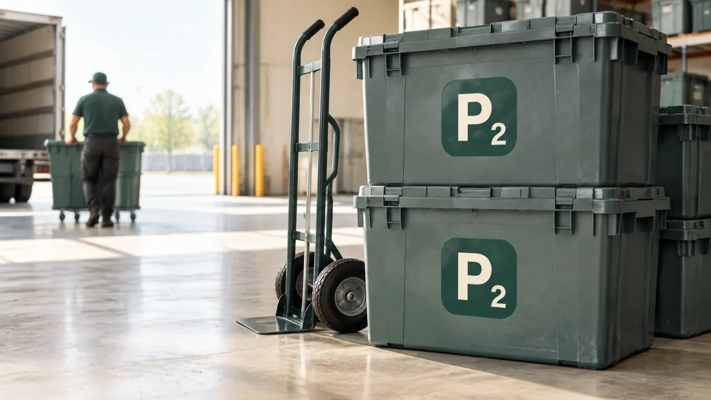 Neatly stacked reusable plastic moving crates ready for delivery
